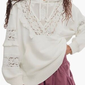 FP Movement by Free People Cream Lace-Trim Hoodie